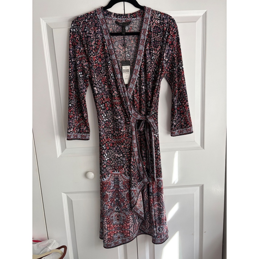 BCBGMaxAzria Adele Floral Paisley Wrap Dress Terracotta Navy Size Medium NWT
